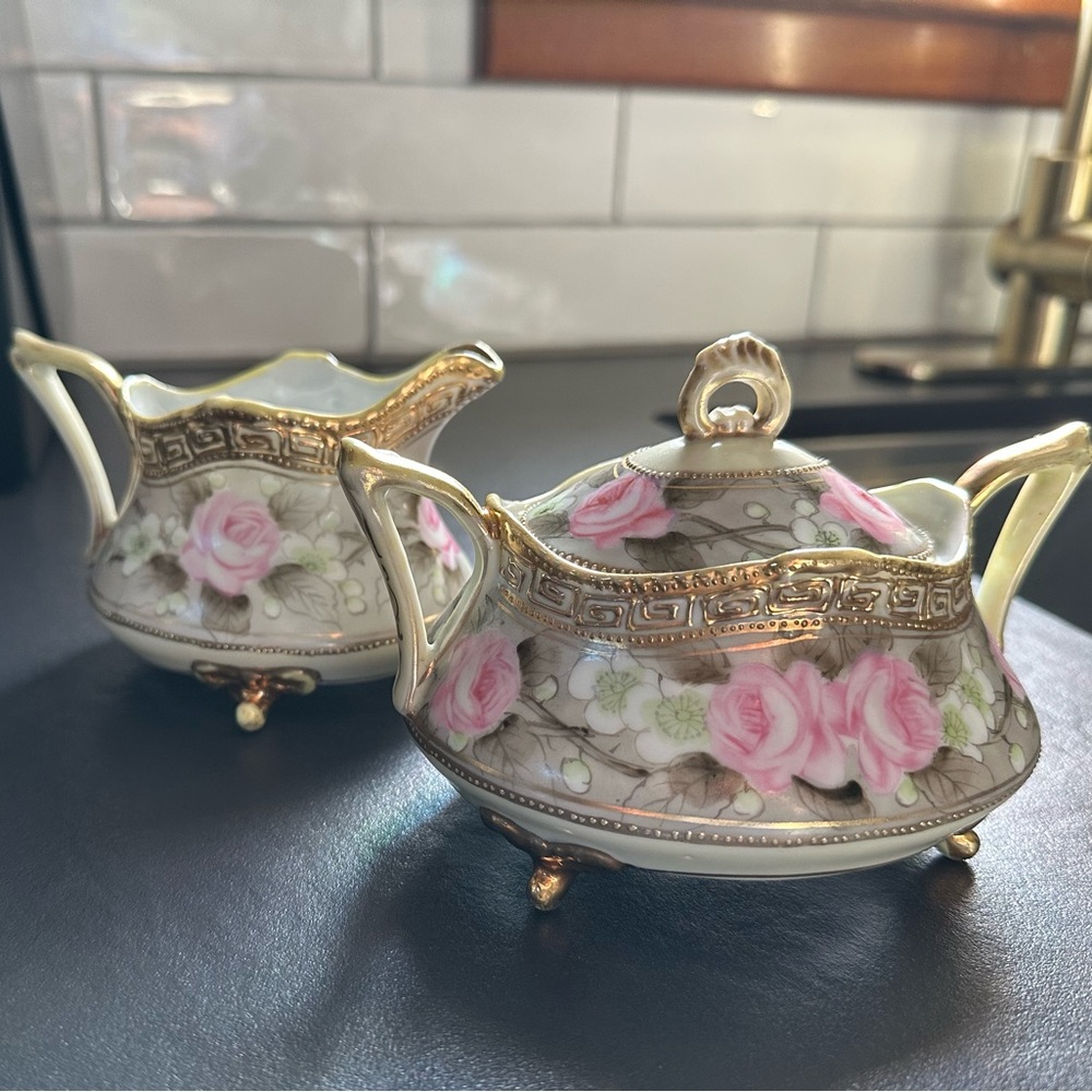 VTG Antique Japanese Nippon hand-painted Porcelain Cream & Sugar Tea Set roses